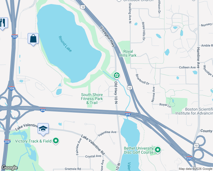 map of restaurants, bars, coffee shops, grocery stores, and more near 1677 Brueberry Lane in Arden Hills