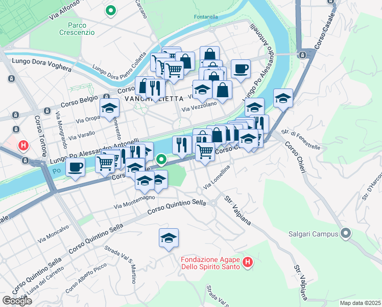 map of restaurants, bars, coffee shops, grocery stores, and more near Viale Suor G. F Michelotti in Turin