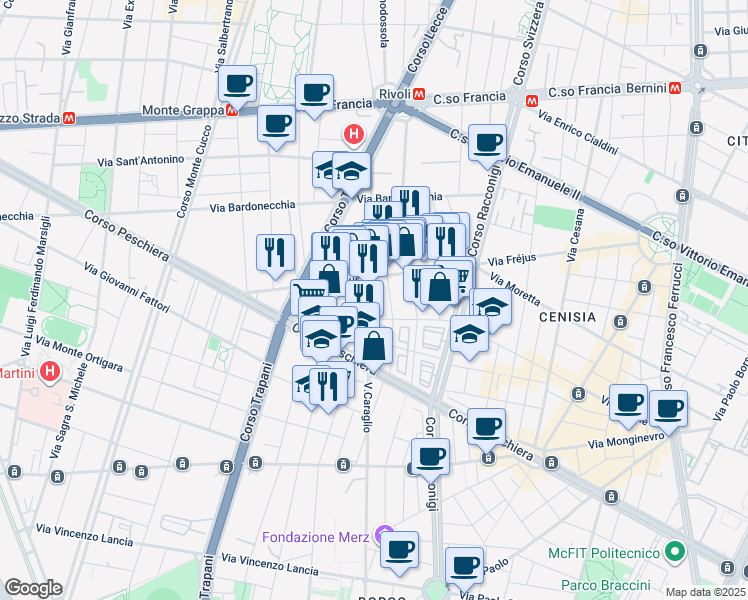map of restaurants, bars, coffee shops, grocery stores, and more near 60 Via Luigi Capriolo in Torino