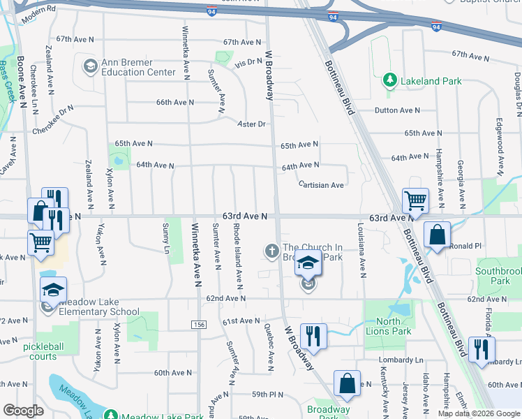 map of restaurants, bars, coffee shops, grocery stores, and more near 7505 63rd Avenue North in Minneapolis