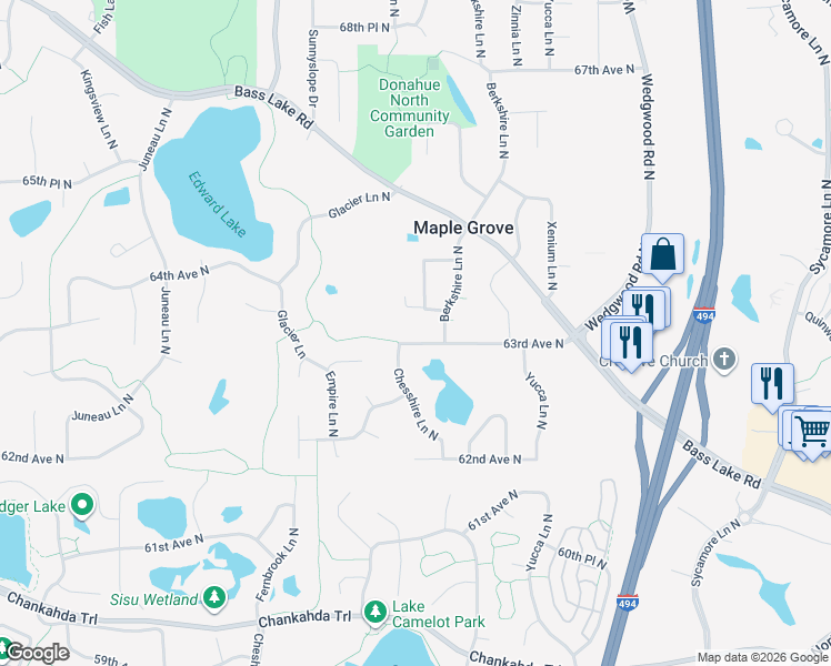 map of restaurants, bars, coffee shops, grocery stores, and more near 13980 63rd Avenue North in Osseo