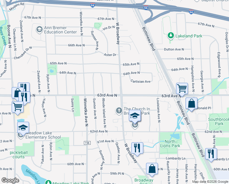 map of restaurants, bars, coffee shops, grocery stores, and more near 7505 63rd Avenue North in Minneapolis