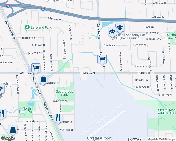 map of restaurants, bars, coffee shops, grocery stores, and more near 6000 63rd Avenue North in Brooklyn Park