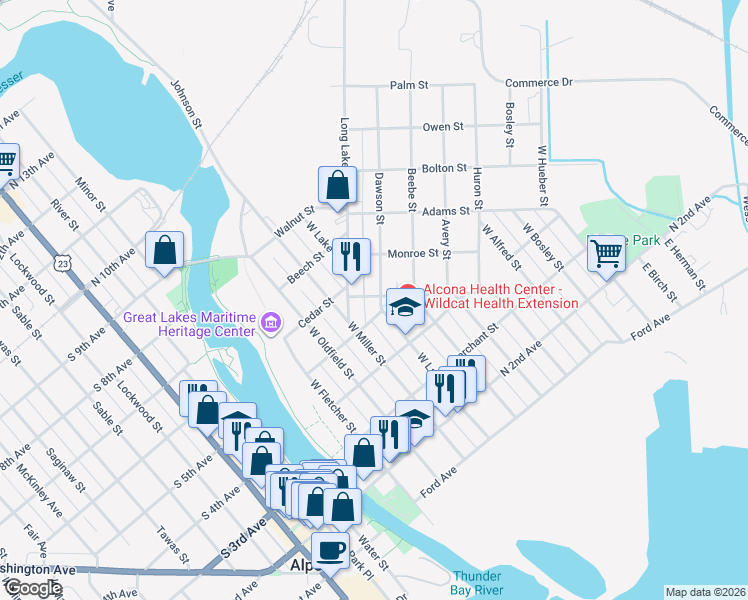 map of restaurants, bars, coffee shops, grocery stores, and more near 600-698 Pine Street in Alpena