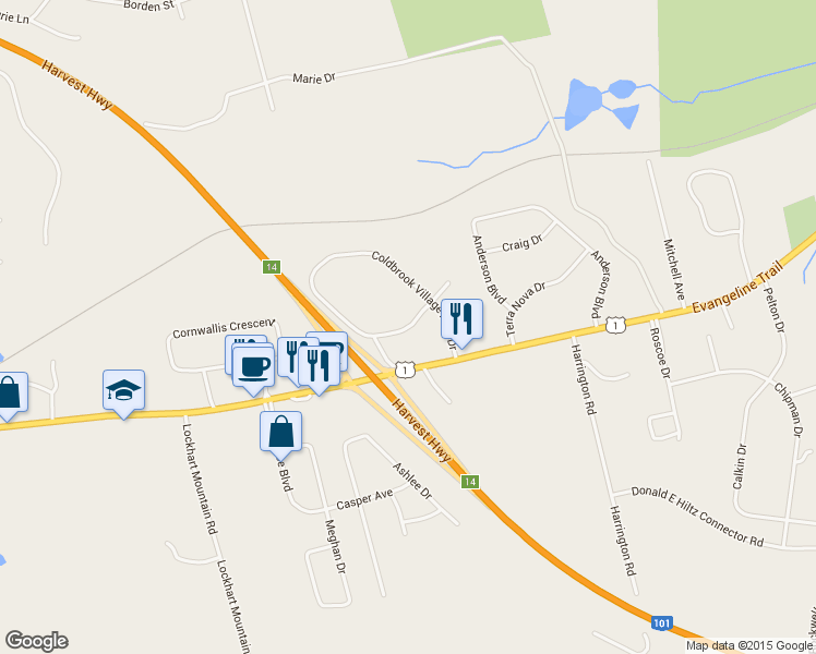 map of restaurants, bars, coffee shops, grocery stores, and more near Coldbrook Village Park Drive in Kings County