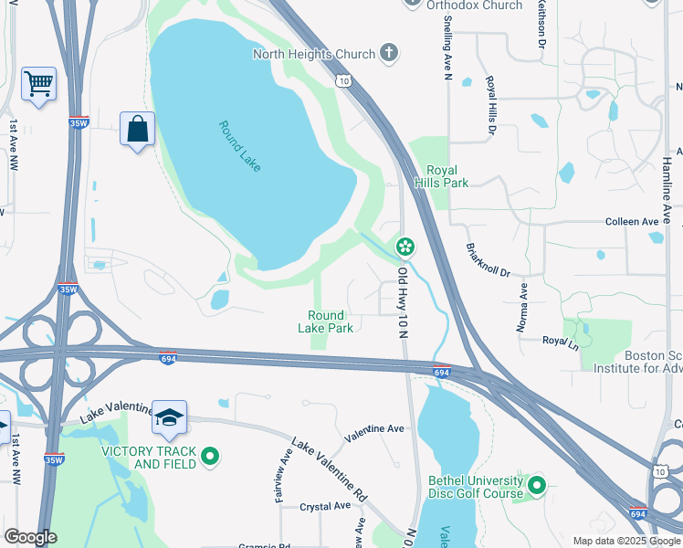 map of restaurants, bars, coffee shops, grocery stores, and more near 1699 Brueberry Lane in Arden Hills