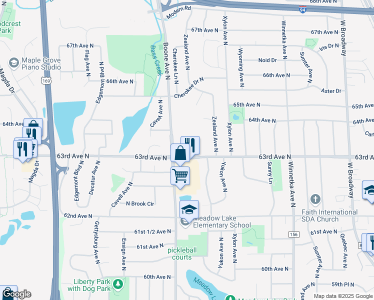 map of restaurants, bars, coffee shops, grocery stores, and more near 6270 Boone Avenue North in Brooklyn Park