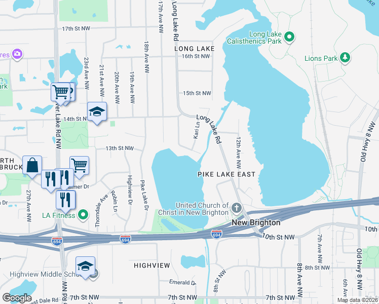 map of restaurants, bars, coffee shops, grocery stores, and more near 1459 12th Terrace Northwest in New Brighton