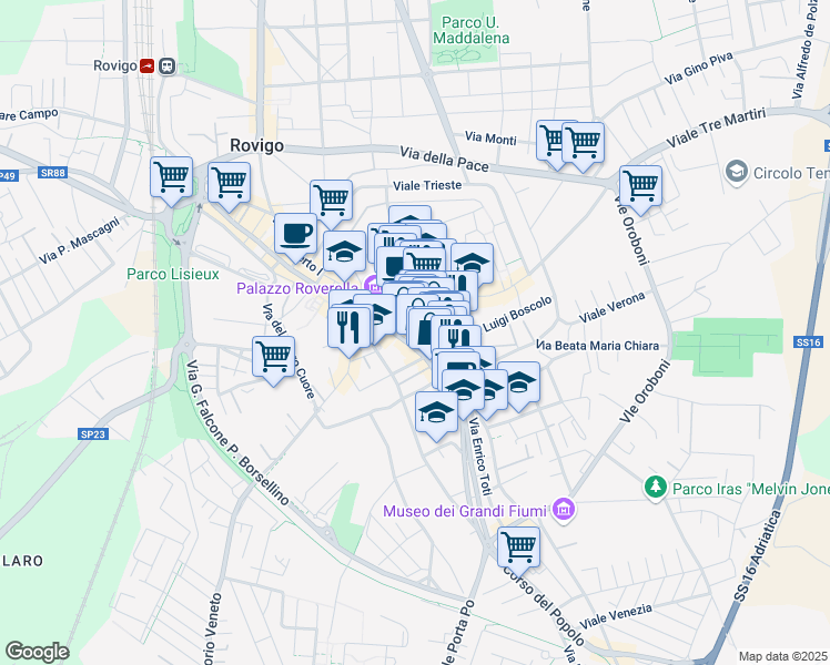 map of restaurants, bars, coffee shops, grocery stores, and more near 3 Vicolo Venezze in Rovigo