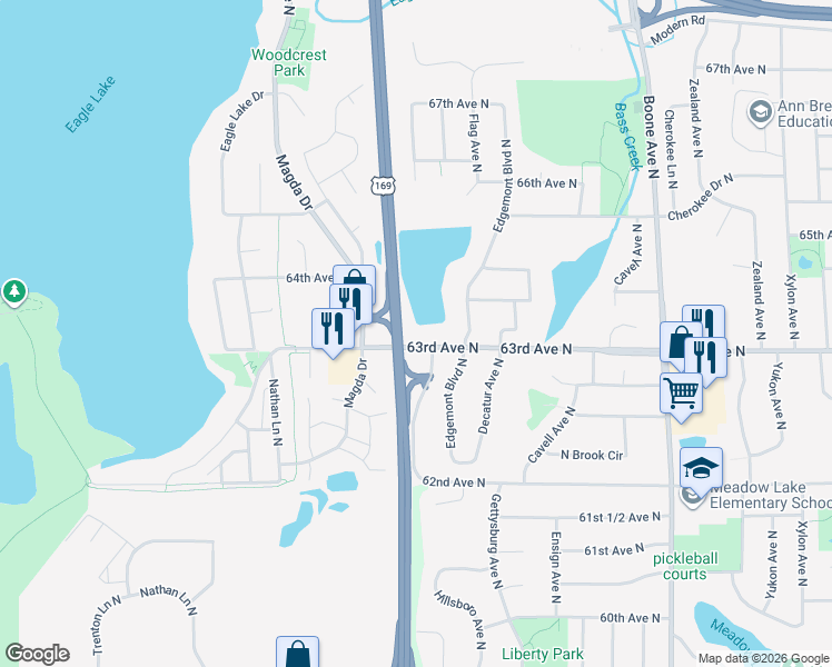 map of restaurants, bars, coffee shops, grocery stores, and more near 6300 U.S. 169 in Minneapolis