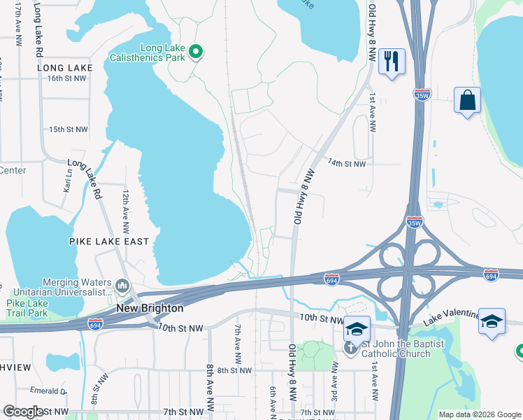 map of restaurants, bars, coffee shops, grocery stores, and more near 1300 Northwest Parkway in New Brighton
