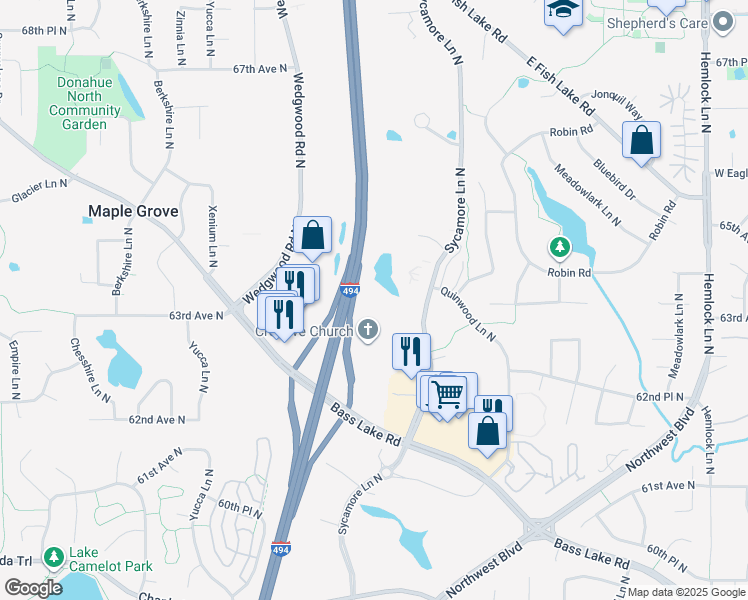map of restaurants, bars, coffee shops, grocery stores, and more near 12970 63rd Avenue North in Maple Grove