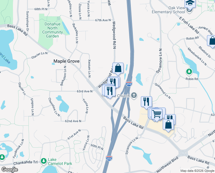 map of restaurants, bars, coffee shops, grocery stores, and more near 6320 Wedgwood Road North in Osseo