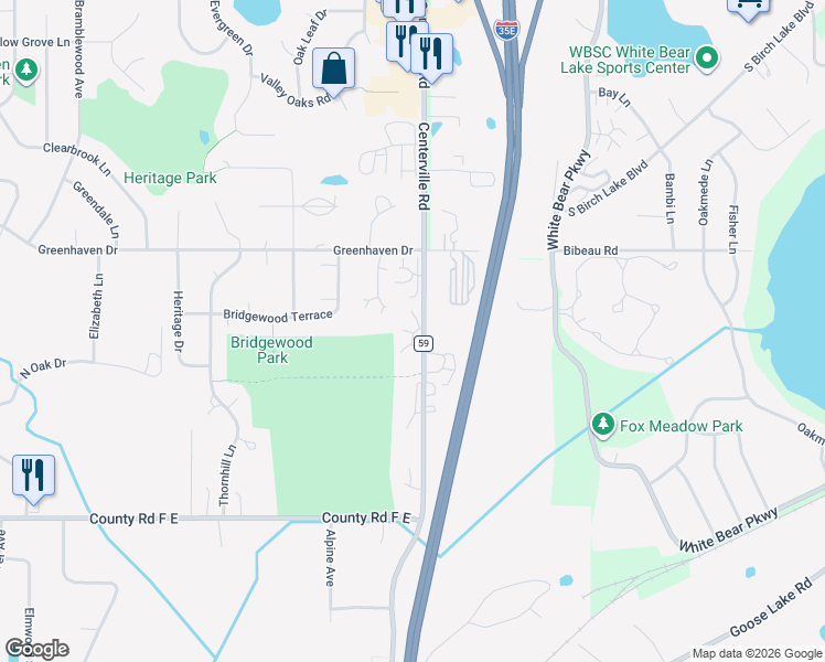 map of restaurants, bars, coffee shops, grocery stores, and more near 4255 Centerville Road in Vadnais Heights