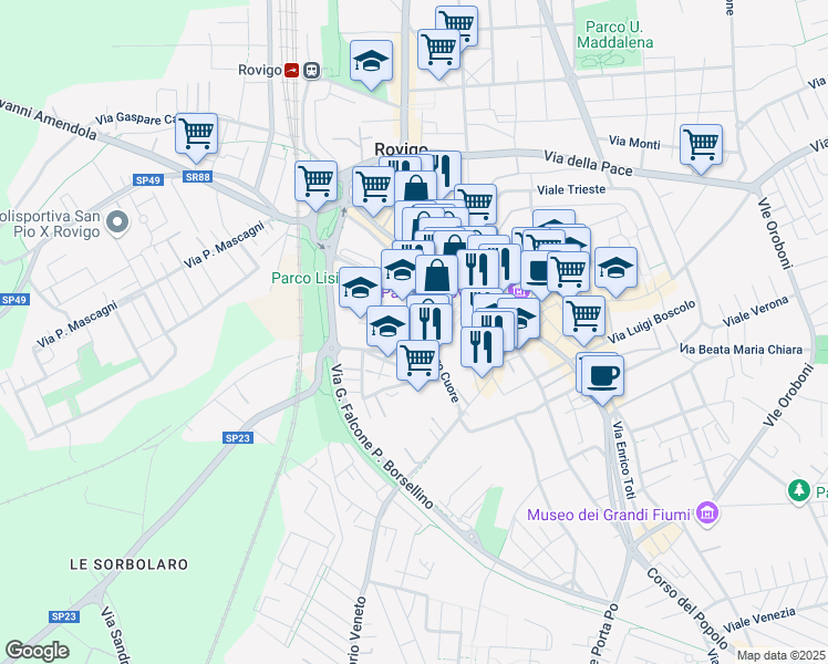map of restaurants, bars, coffee shops, grocery stores, and more near Via del Sacro Cuore in Rovigo