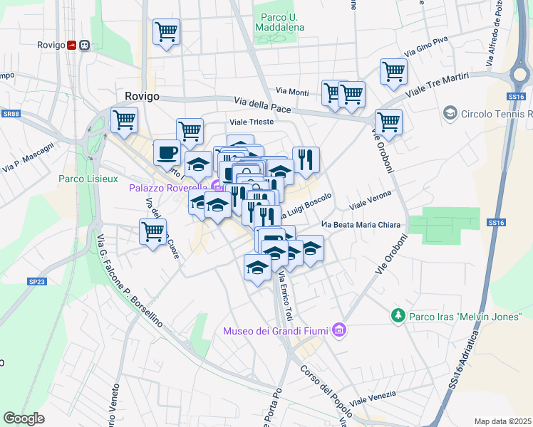 map of restaurants, bars, coffee shops, grocery stores, and more near 7 Piazza Umberto Merlin in Rovigo