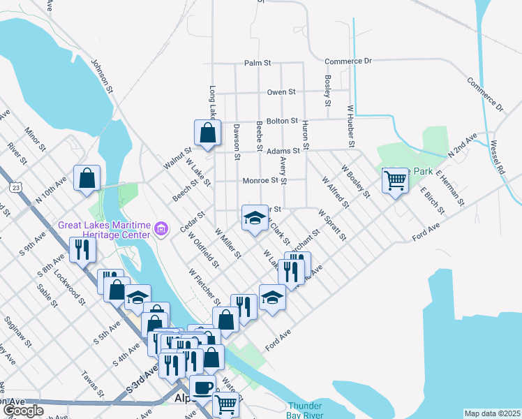map of restaurants, bars, coffee shops, grocery stores, and more near 100 Beebe Street in Alpena