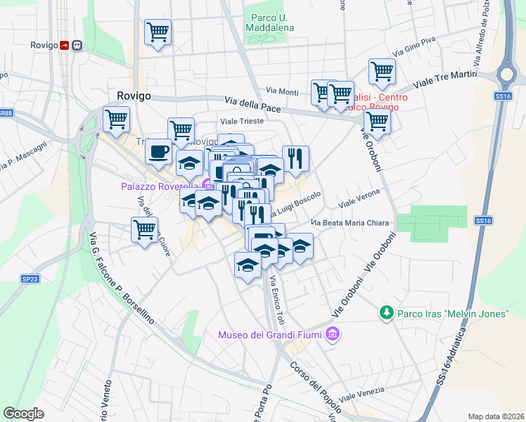 map of restaurants, bars, coffee shops, grocery stores, and more near 7 Piazza Umberto Merlin in Rovigo