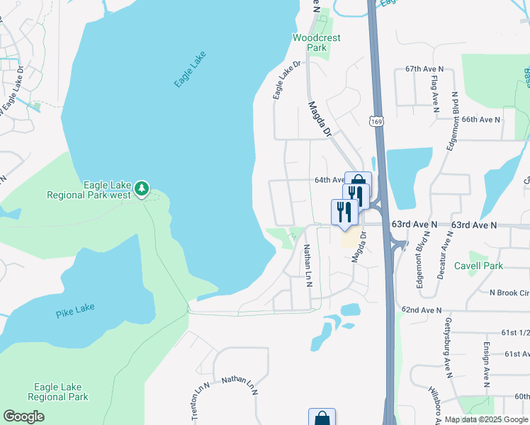 map of restaurants, bars, coffee shops, grocery stores, and more near 6342 Eagle Lake Drive in Maple Grove