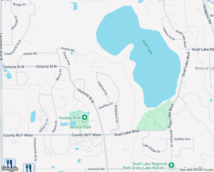 map of restaurants, bars, coffee shops, grocery stores, and more near 4279 Brigadoon Drive in Shoreview