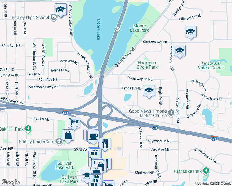map of restaurants, bars, coffee shops, grocery stores, and more near 950 Lynde Drive Northeast in Minneapolis