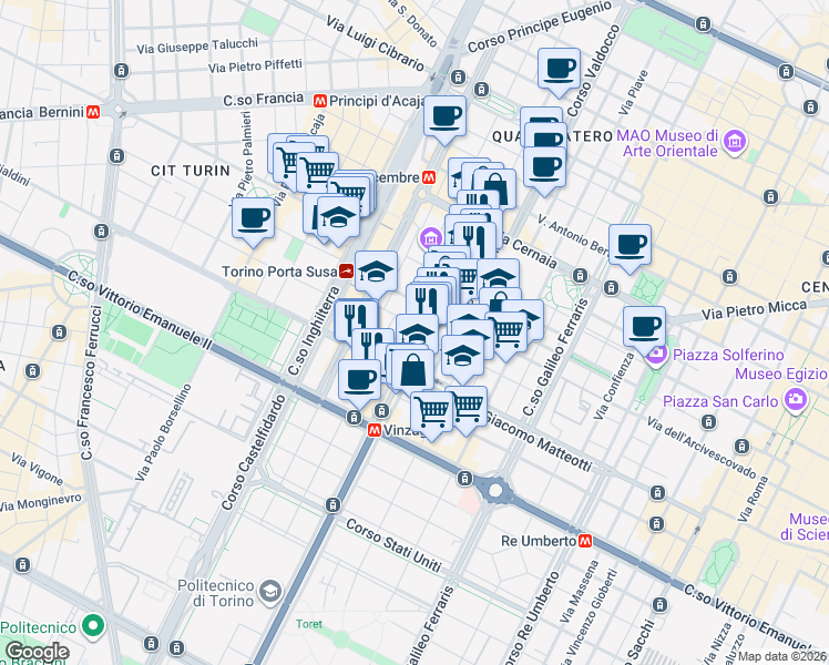 map of restaurants, bars, coffee shops, grocery stores, and more near 12 Corso Vinzaglio in Turin