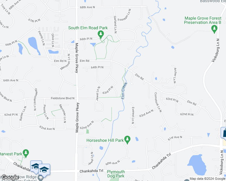 map of restaurants, bars, coffee shops, grocery stores, and more near 17131 63rd Place North in Osseo