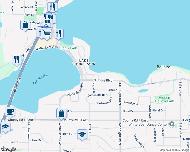 map of restaurants, bars, coffee shops, grocery stores, and more near 2153 Lakeview Avenue in White Bear Lake