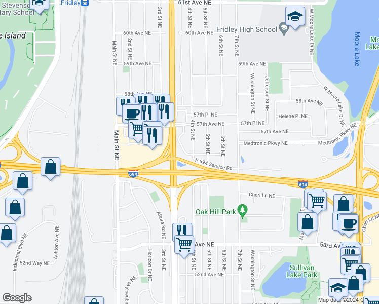 map of restaurants, bars, coffee shops, grocery stores, and more near 5600 4th Street Northeast in Fridley