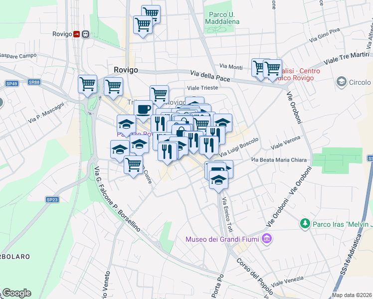 map of restaurants, bars, coffee shops, grocery stores, and more near 39 Piazza Vittorio Emanuele in Rovigo