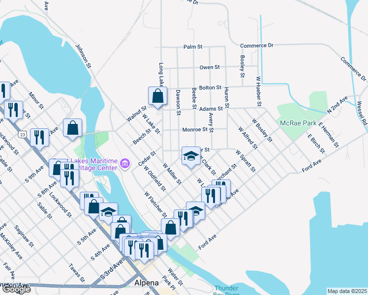 map of restaurants, bars, coffee shops, grocery stores, and more near 236 Dawson Street in Alpena