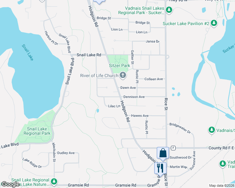 map of restaurants, bars, coffee shops, grocery stores, and more near 286 Dawn Avenue in Shoreview