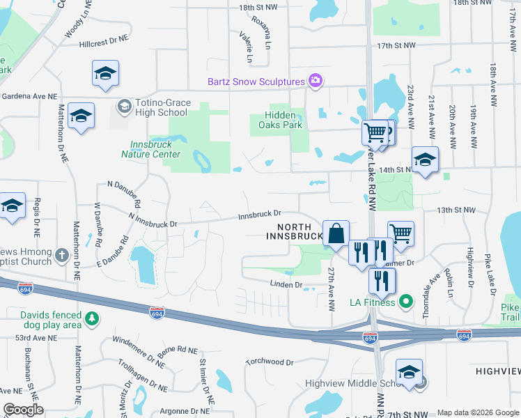 map of restaurants, bars, coffee shops, grocery stores, and more near 3041 13th Terrace Northwest in New Brighton