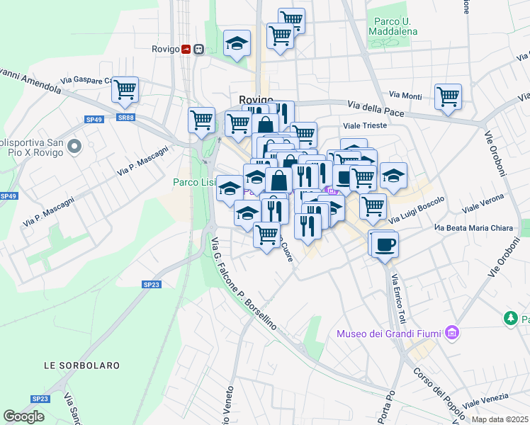 map of restaurants, bars, coffee shops, grocery stores, and more near Via del Sacro Cuore in Rovigo
