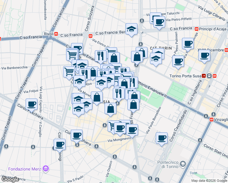 map of restaurants, bars, coffee shops, grocery stores, and more near 1-11 Via Cavallermaggiore in Torino