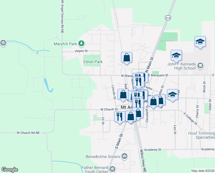 map of restaurants, bars, coffee shops, grocery stores, and more near 435 Cindy Lane Northwest in Mount Angel