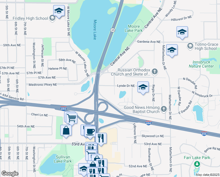map of restaurants, bars, coffee shops, grocery stores, and more near 950 Lynde Drive Northeast in Minneapolis