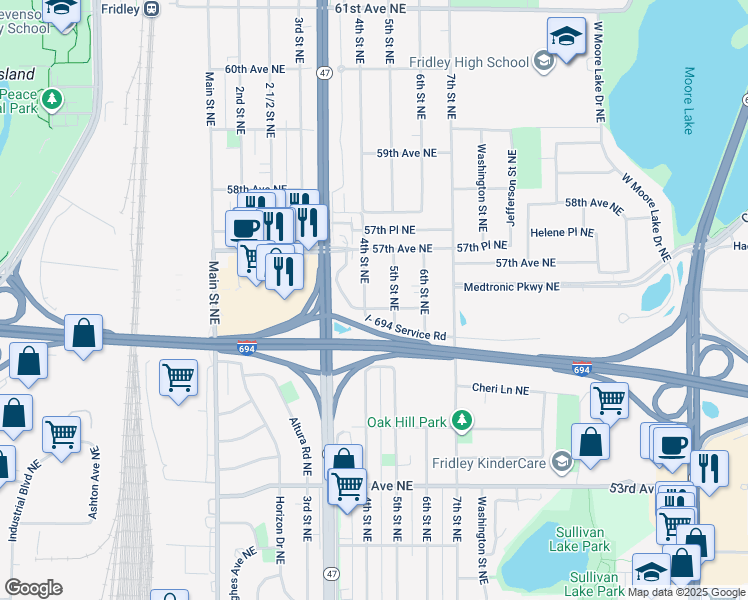 map of restaurants, bars, coffee shops, grocery stores, and more near 5608 5th Street Northeast in Fridley