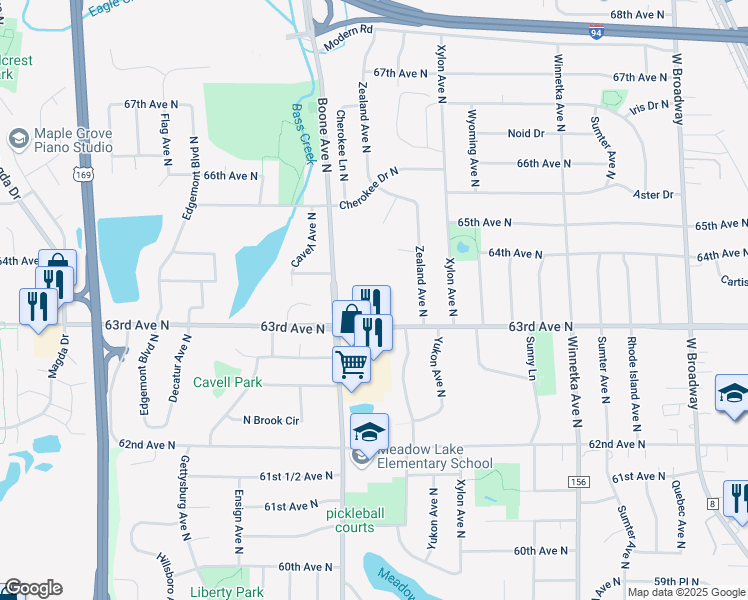 map of restaurants, bars, coffee shops, grocery stores, and more near 6316 Boone Avenue North in Brooklyn Park