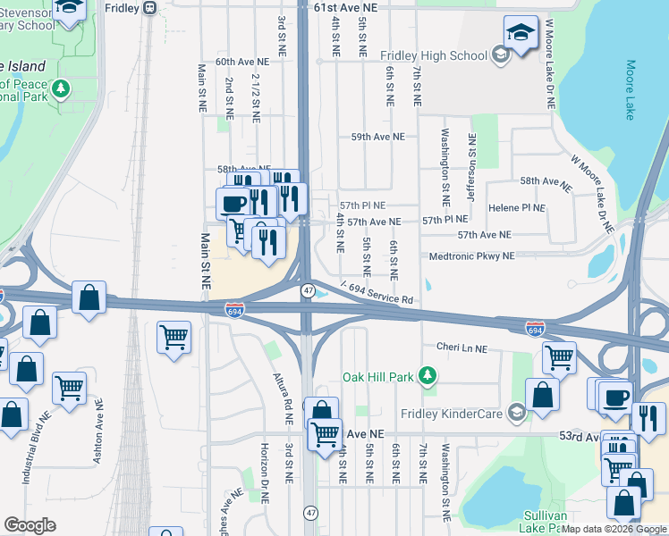 map of restaurants, bars, coffee shops, grocery stores, and more near 5600 4th Street Northeast in Fridley