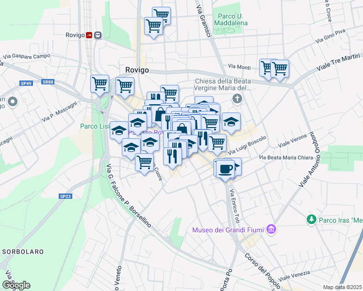 map of restaurants, bars, coffee shops, grocery stores, and more near 144 Corso del Popolo in Rovigo
