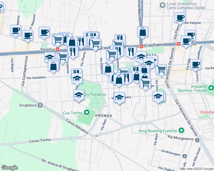 map of restaurants, bars, coffee shops, grocery stores, and more near 45 Via Rieti in Torino