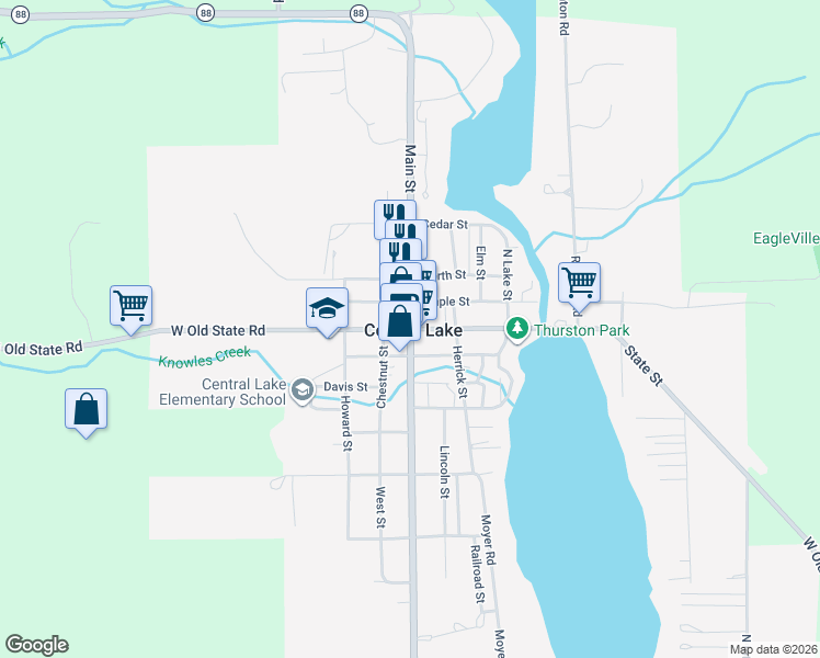 map of restaurants, bars, coffee shops, grocery stores, and more near Michigan 88 in Central Lake