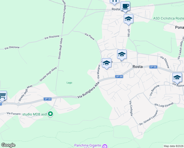 map of restaurants, bars, coffee shops, grocery stores, and more near 29 Via Margrot in Rosta
