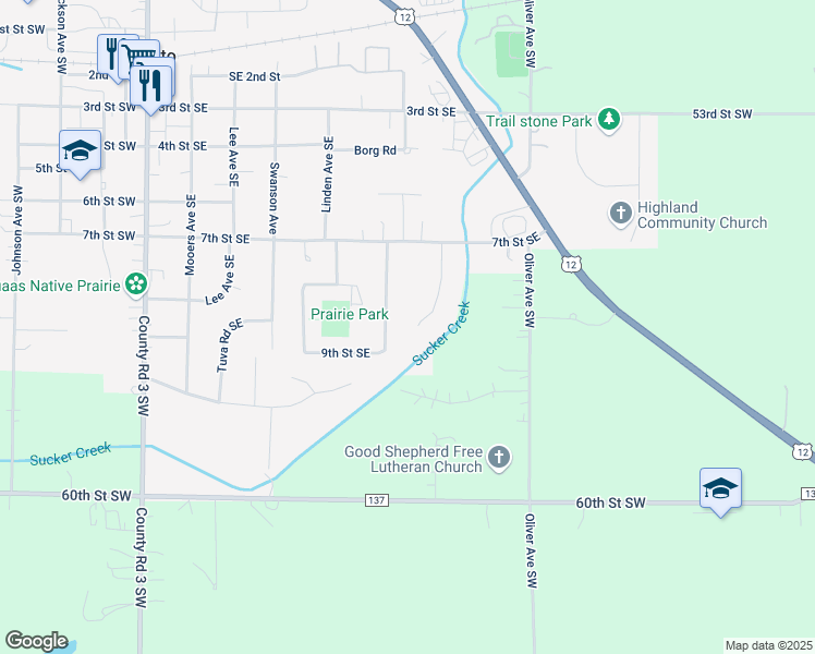 map of restaurants, bars, coffee shops, grocery stores, and more near 805 Prairie Avenue Southeast in Cokato