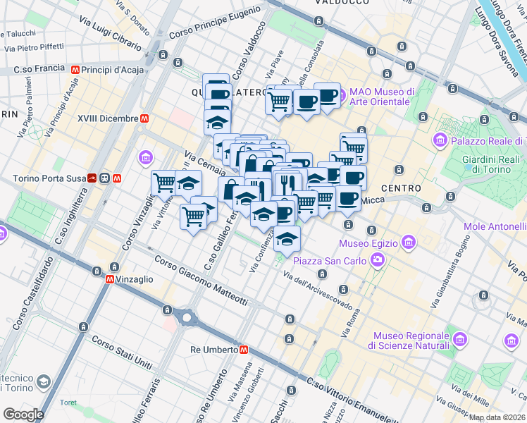 map of restaurants, bars, coffee shops, grocery stores, and more near 2 Via Luigi Mercantini in Turin