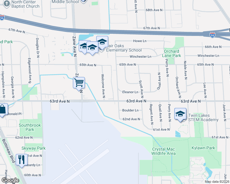 map of restaurants, bars, coffee shops, grocery stores, and more near 6330 Unity Avenue North in Minneapolis