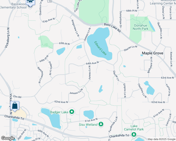 map of restaurants, bars, coffee shops, grocery stores, and more near 6363 Juneau Lane North in Maple Grove