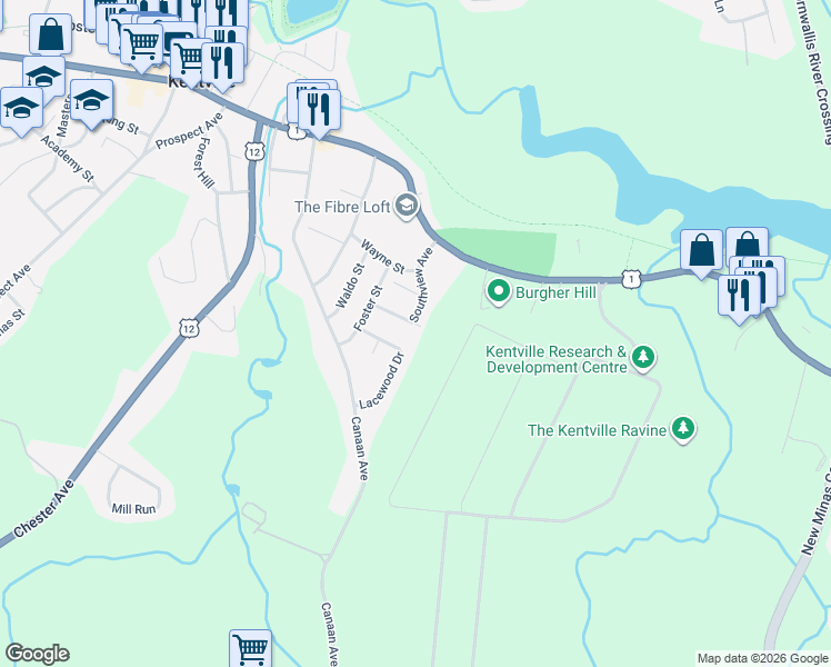 map of restaurants, bars, coffee shops, grocery stores, and more near 6 Lavinia Street in Kentville