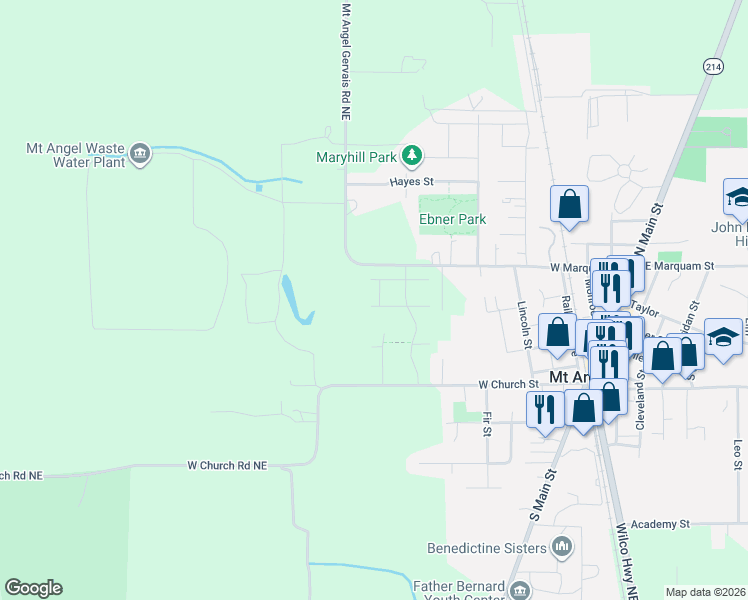 map of restaurants, bars, coffee shops, grocery stores, and more near 1035 Marie Street in Mount Angel